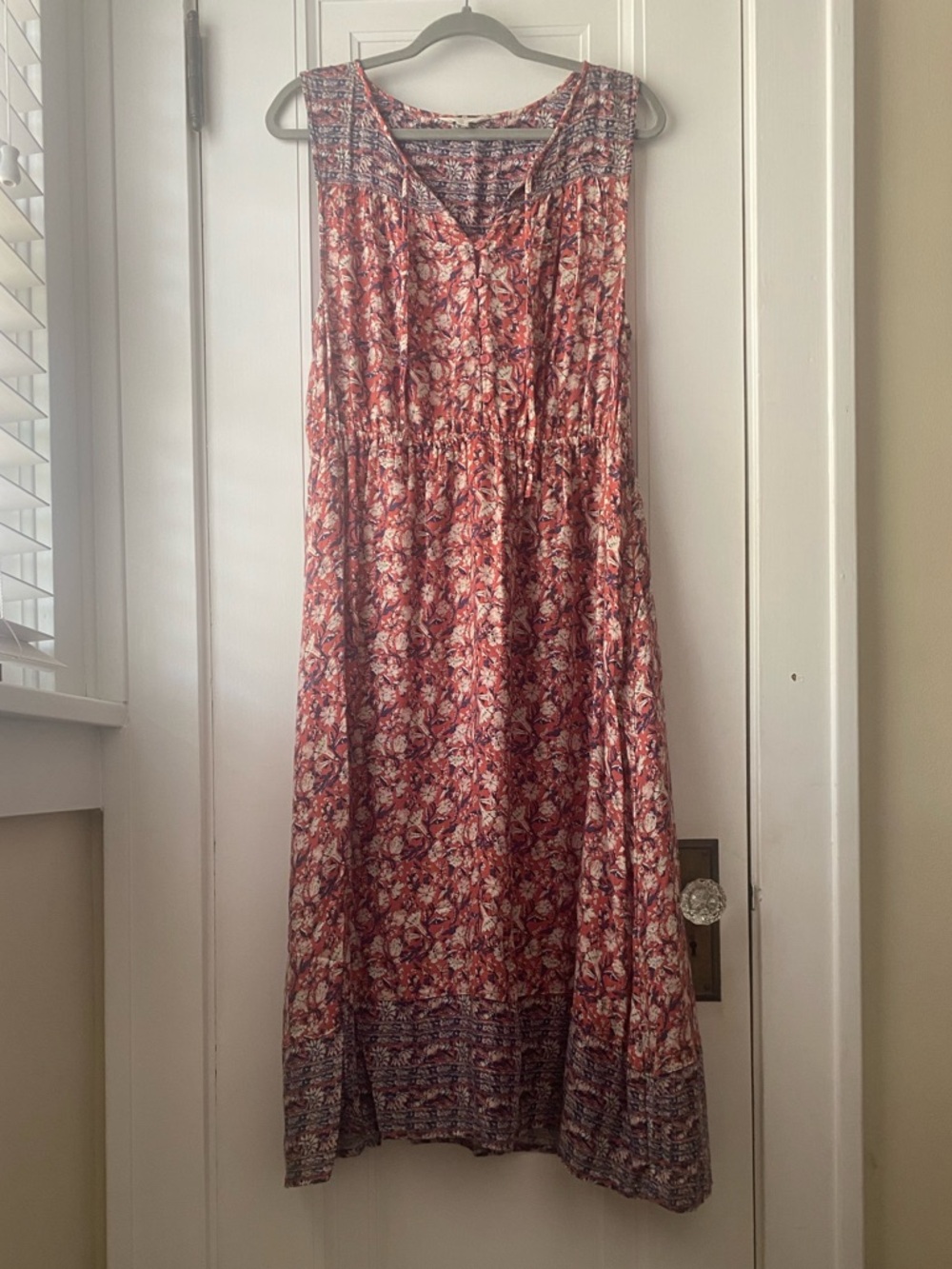 Lucky Brand floral block print dress salmon pink blue violet L